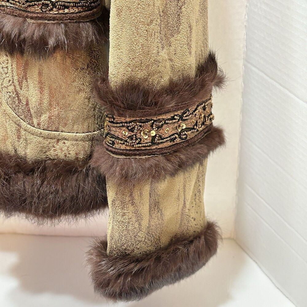 VTG Cache Penny Lane Suede Faux Fur Trim Boho Afghan Toggle Jacket Women’s 6 - Picture 6 of 15